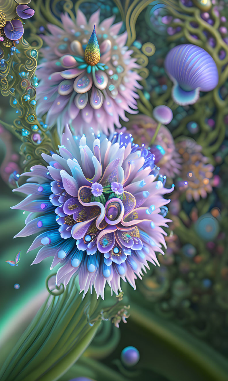 Vivid fantastical digital artwork with vibrant flowers and whimsical creatures