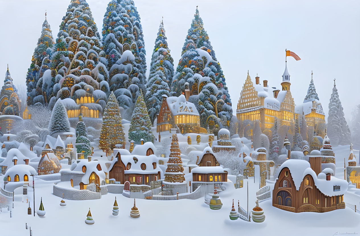 Festively decorated winter scene with snow-covered buildings