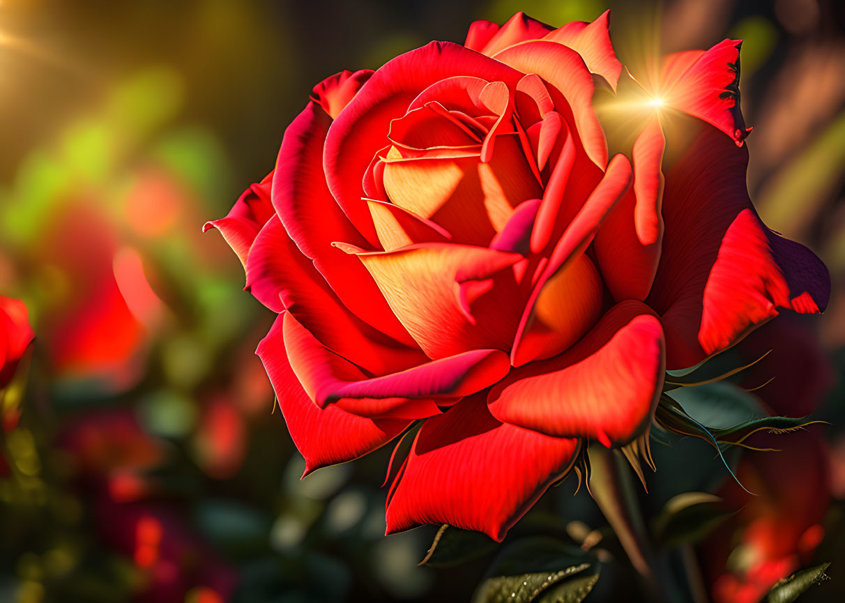 Red rose with delicate petals in warm sunlight against greenery