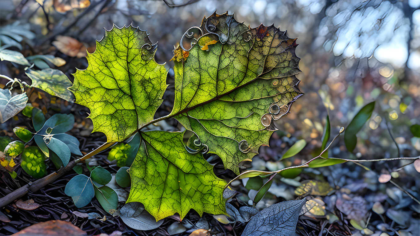 Detailed green leaf against forest backdrop