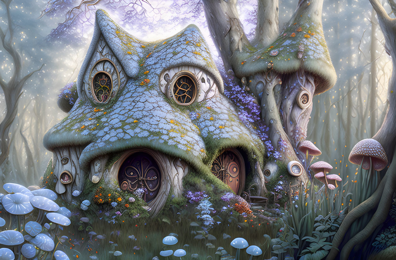 Enchanted forest illustration: whimsical mushroom house and magical surroundings