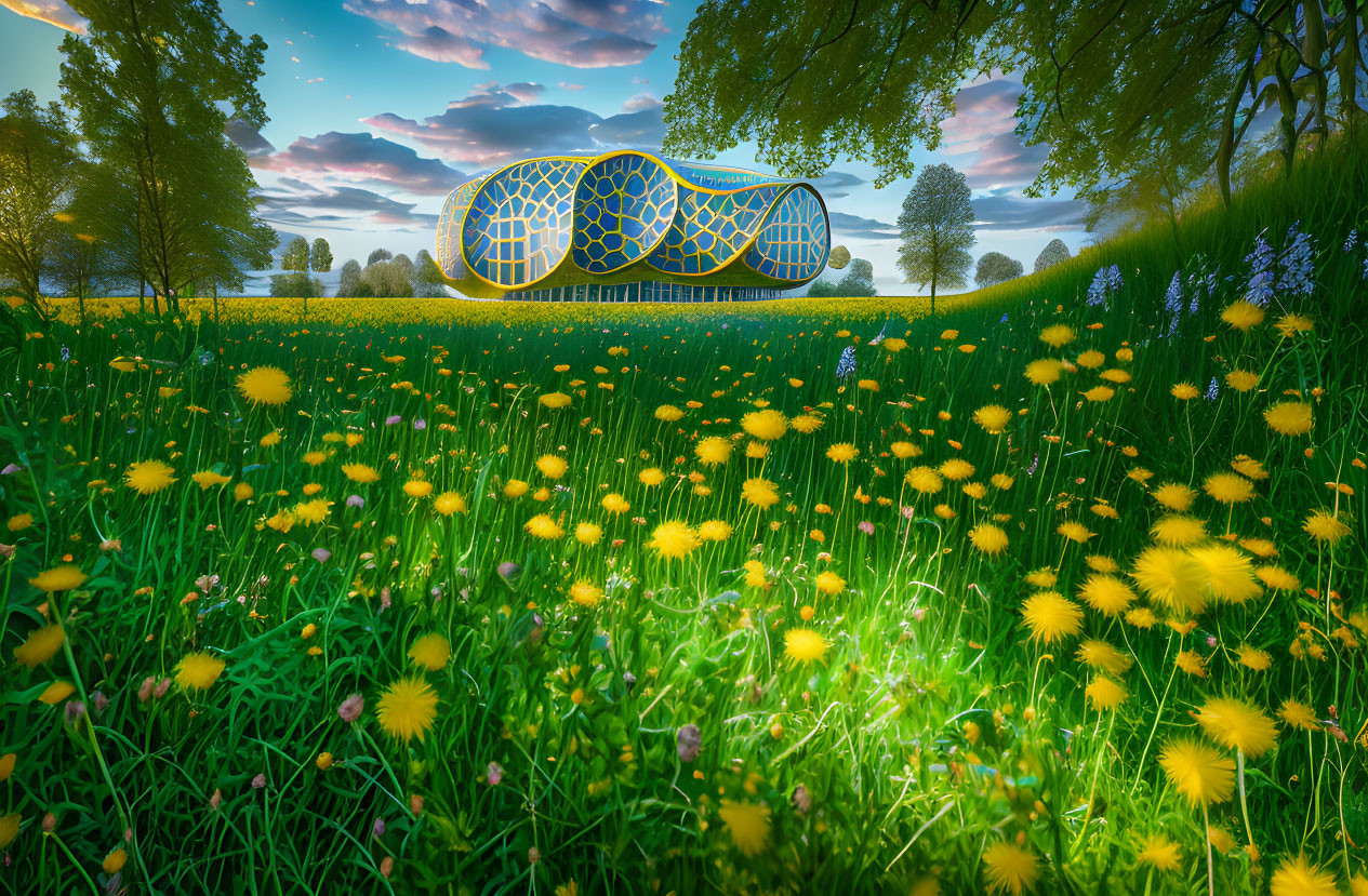 Futuristic building with intricate patterns in lush field at dusk