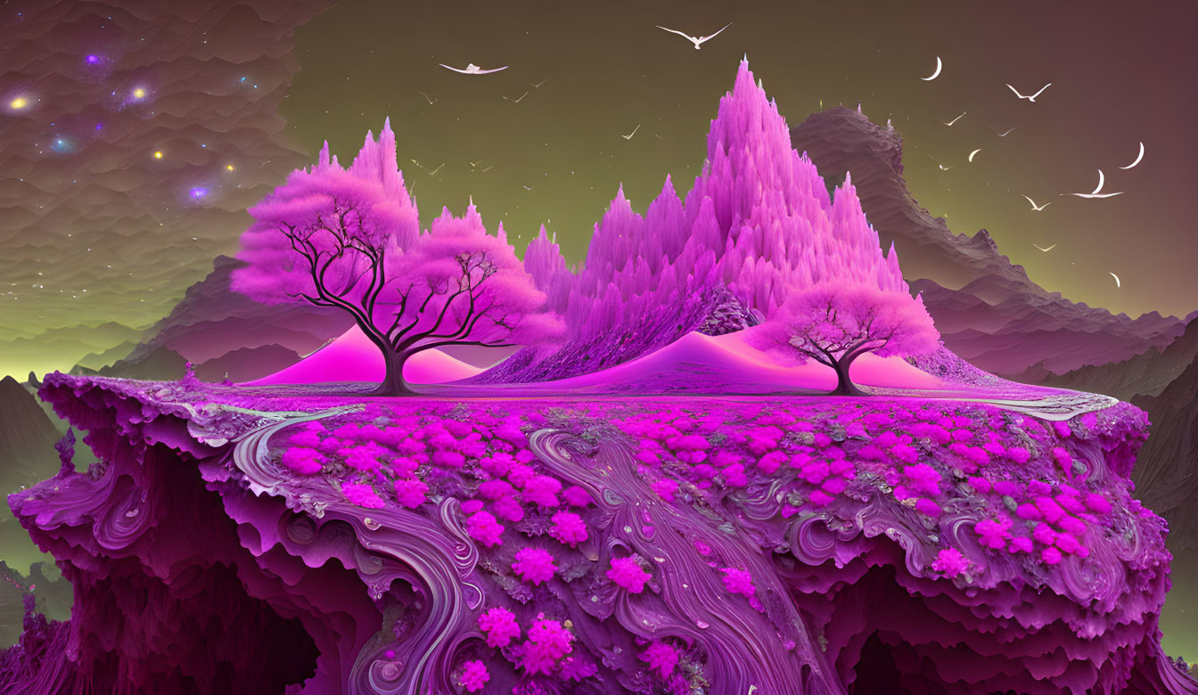 Vibrant purple trees and mountains in surreal landscape