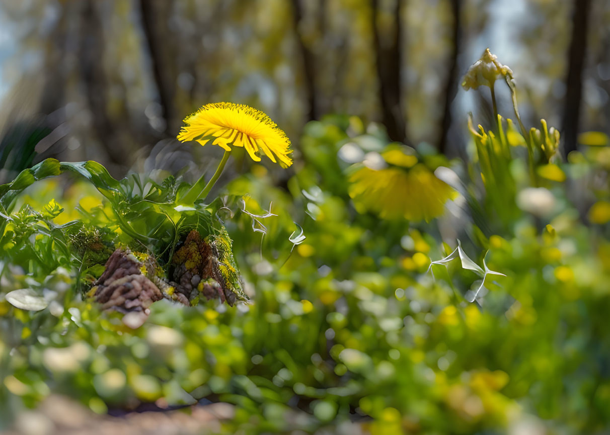 Bright yellow dandelion blooming in greenery on a sunny day