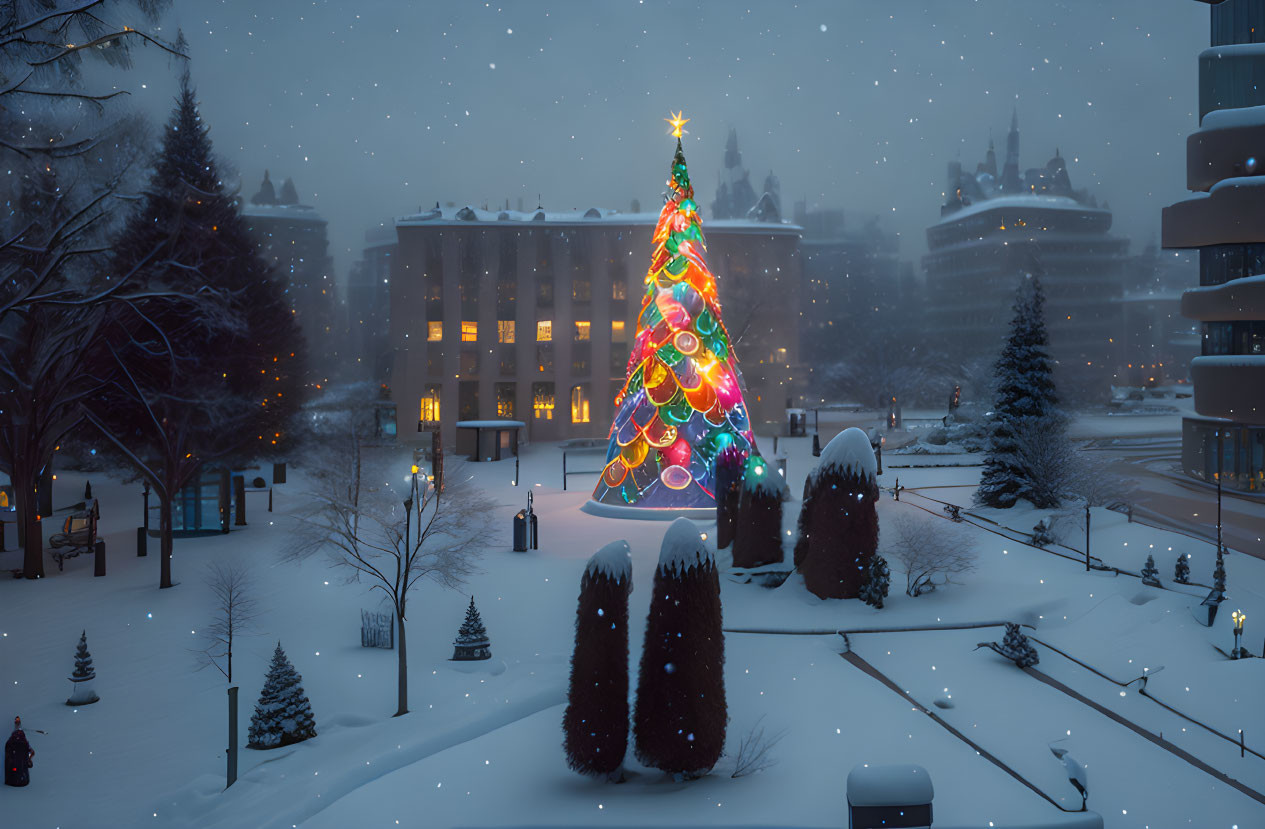 Snowy city square with illuminated Christmas tree at twilight