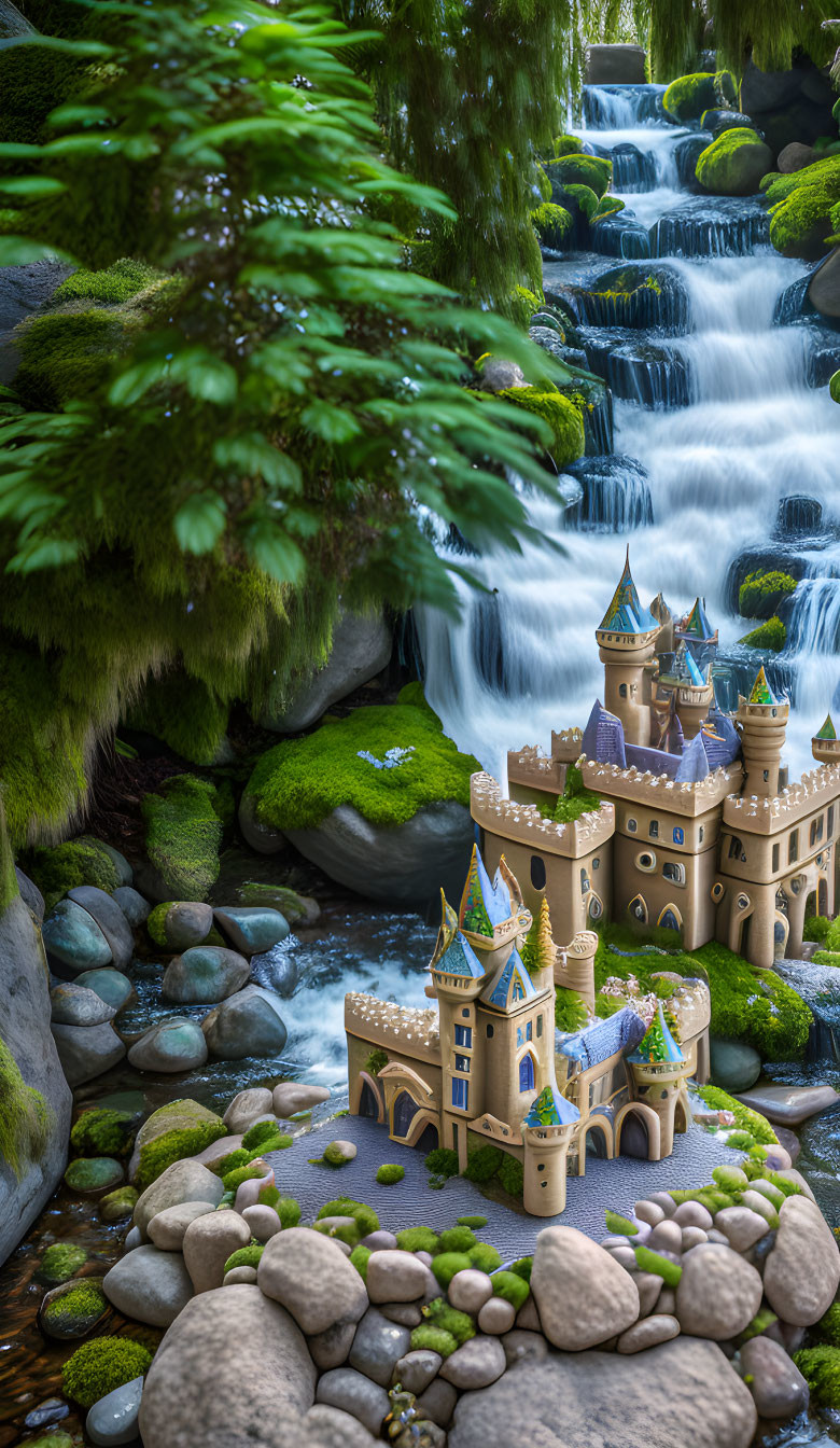 Miniature fairy tale castle on pebbled ground with waterfall and moss-covered rocks