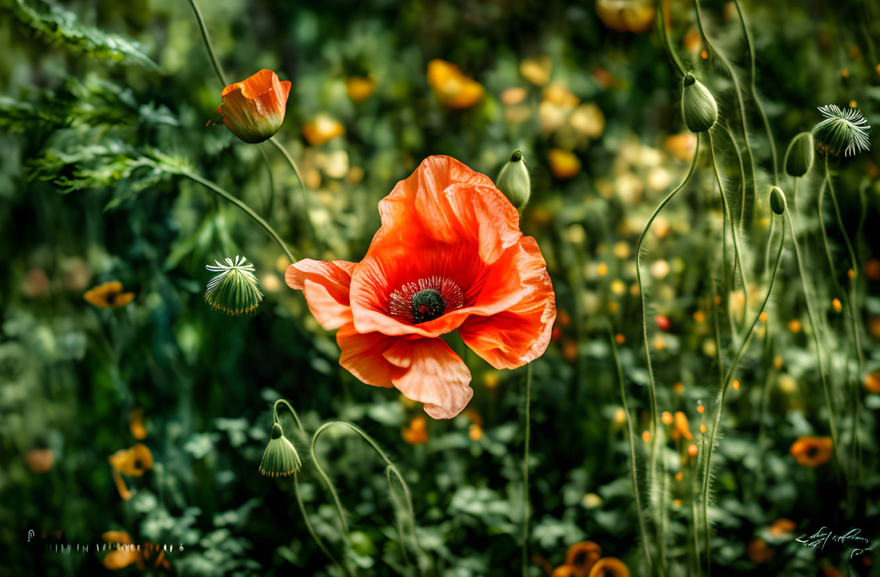 Vibrant red poppy among green foliage and yellow buds under soft lighting