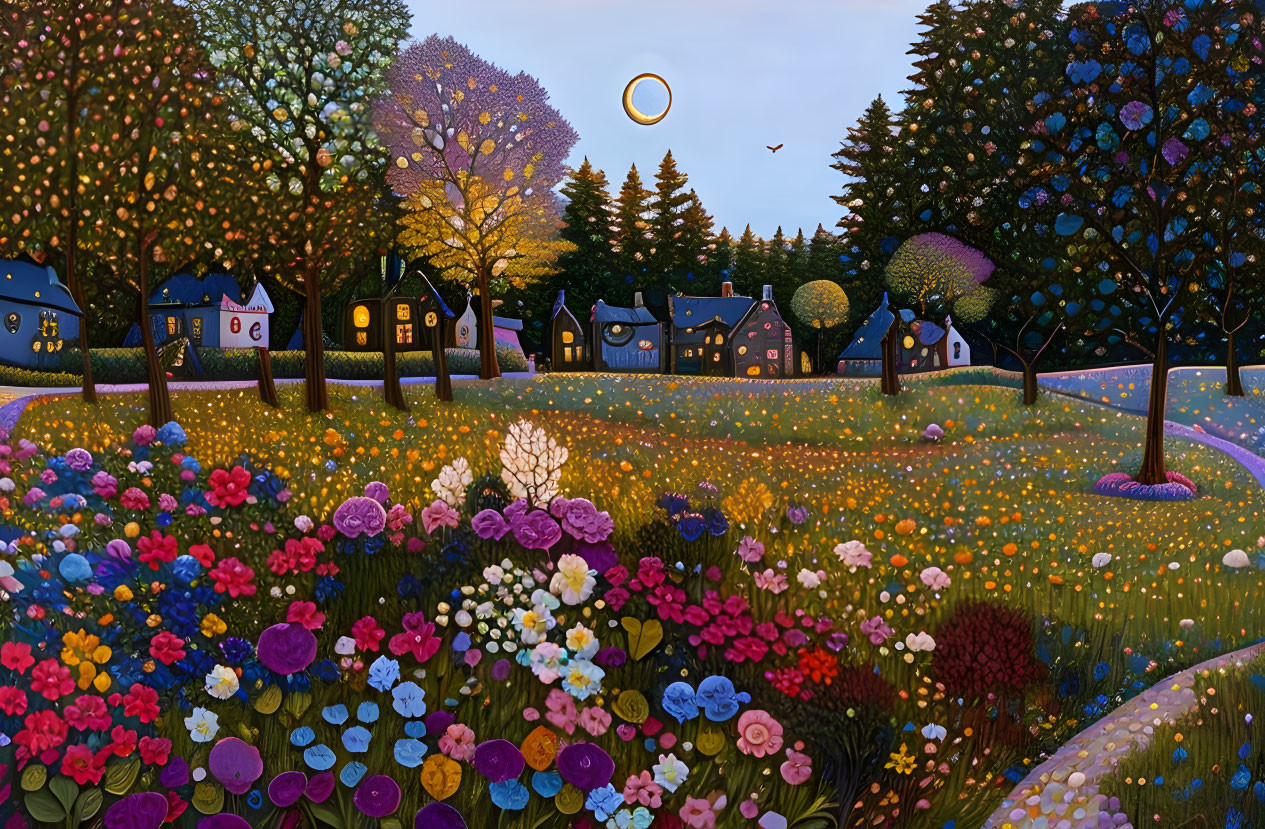 Colorful floral landscape with village and crescent moon