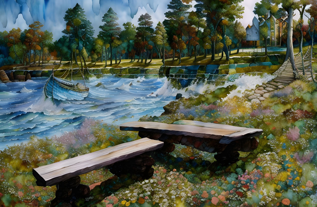 Scenic landscape painting with waterfall, boat, benches, and cottage.