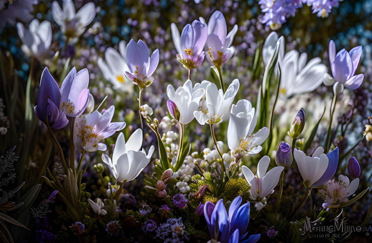 Vibrant Purple and White Crocuses Close-Up with Delicate Petals