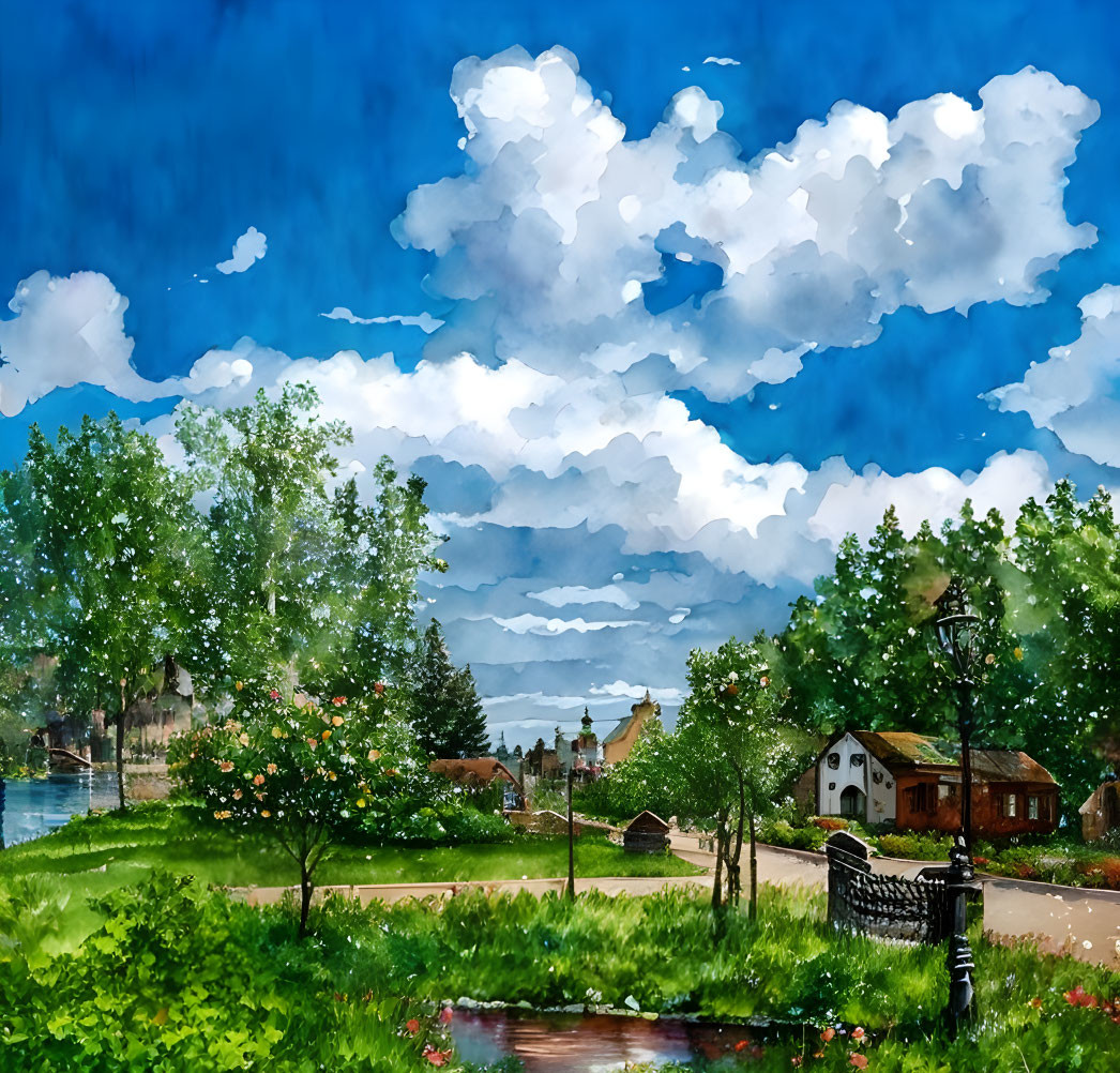 Colorful Watercolor Landscape of Park with Trees, Flowers, Bench, Houses, and Cloudy Sky