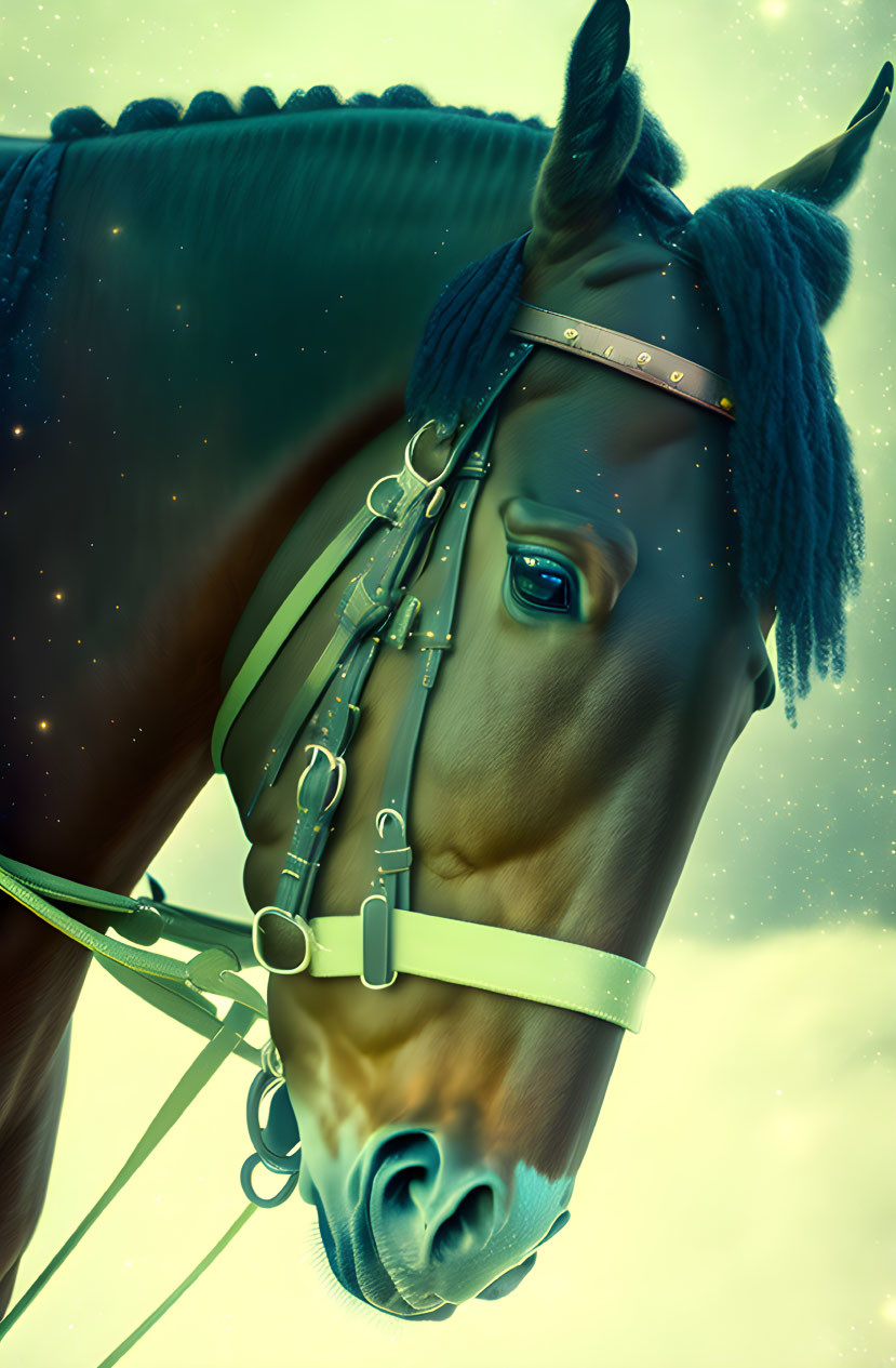 Blue-Maned Horse with Constellation Pattern and Teal Harnesses on Soft Yellow Background