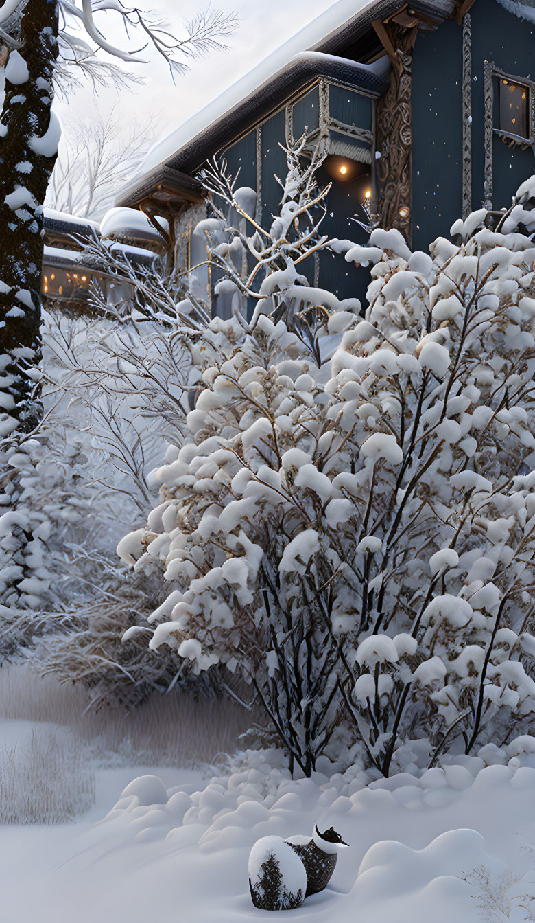 Snow-covered winter scene with quaint house and frosty trees