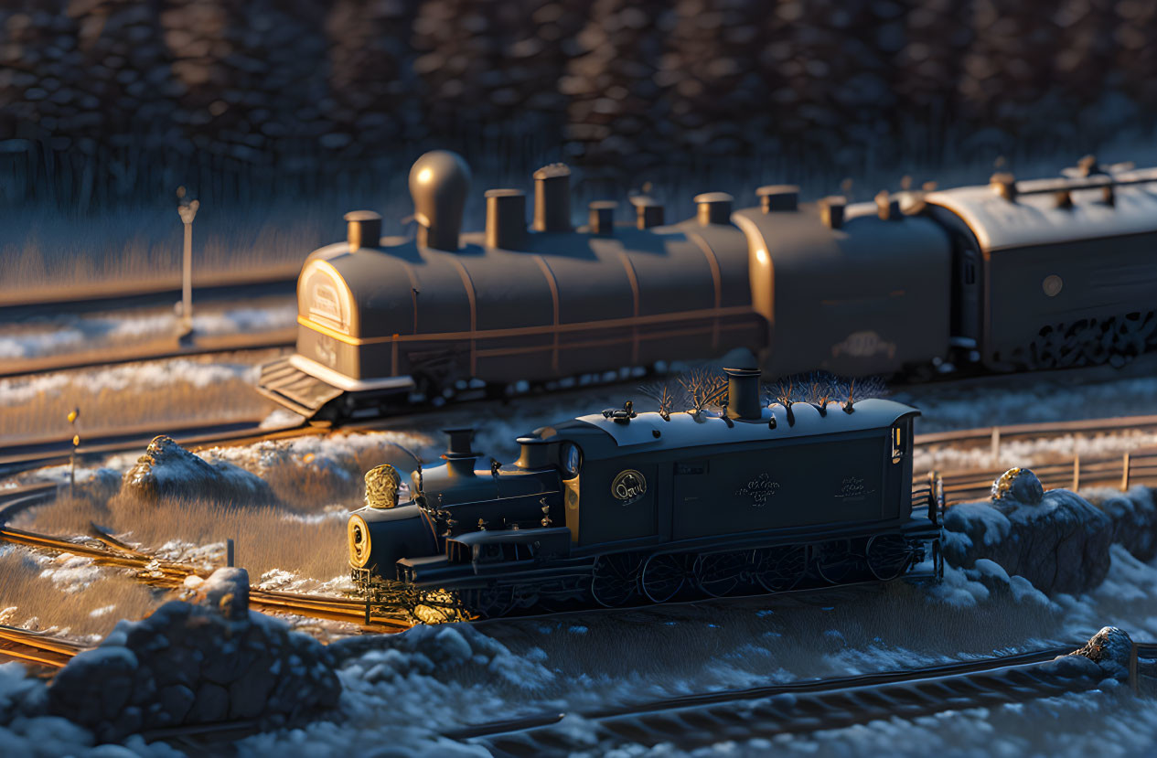 Vintage steam locomotive on snow-covered tracks at golden hour