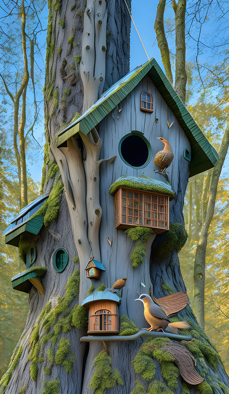 Whimsical tree with birdhouses and snail in serene forest