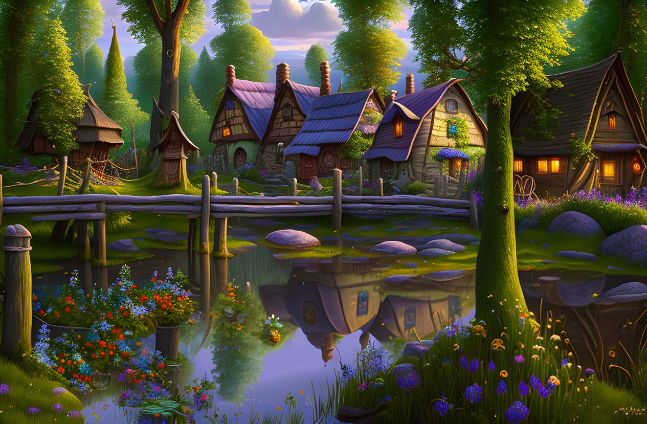 Quaint fairy-tale village with serene pond and lush greenery at dusk