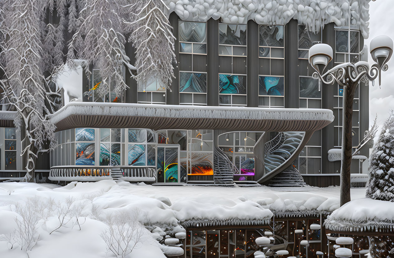 Colorful Abstract Art Displayed in Modern Building Surrounded by Snowscape