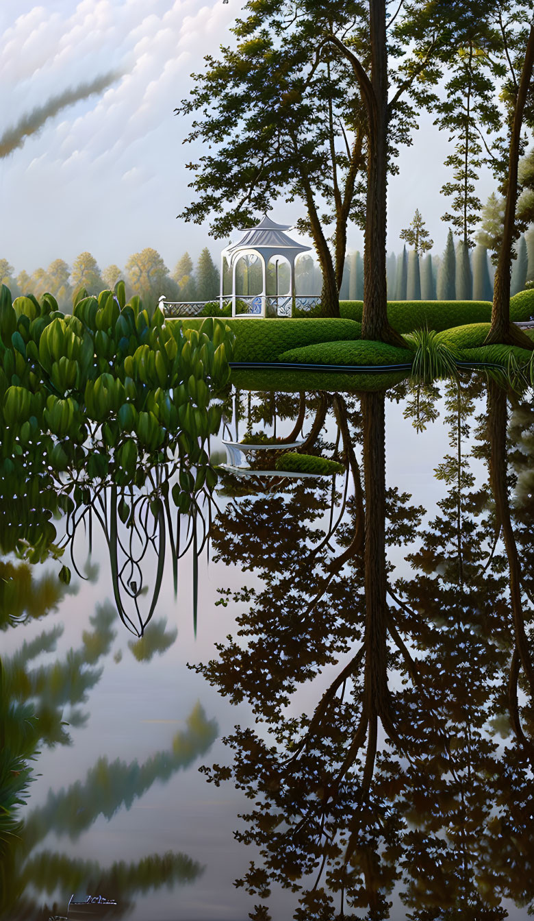 Tranquil landscape with tall trees, water, gazebo, greenery, cloudy sky