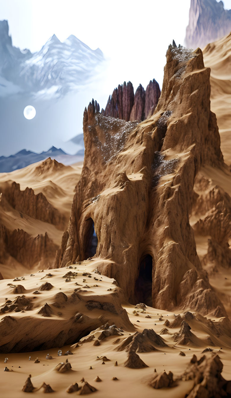 Majestic desert landscape with rock formations, sand dunes, and distant mountain under moonlit sky