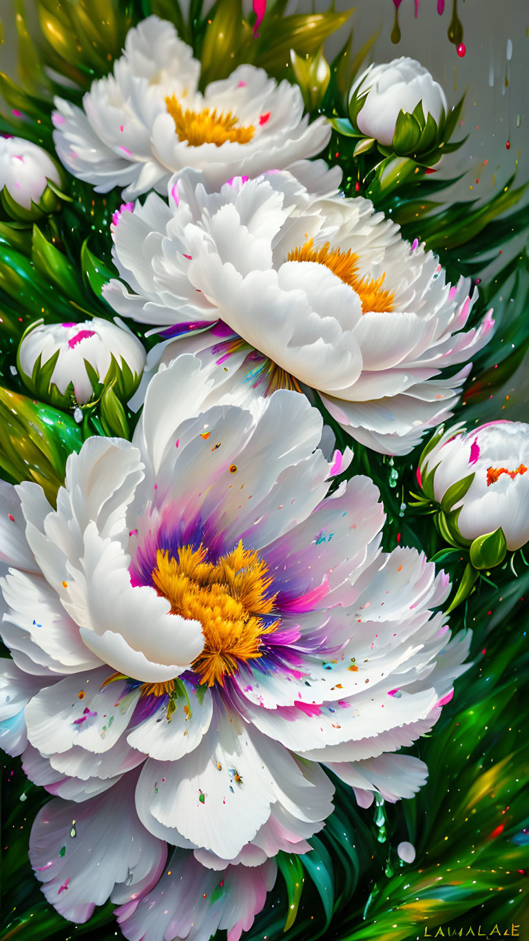 Colorful digital artwork featuring white peonies with golden centers and splashes of pink, purple,