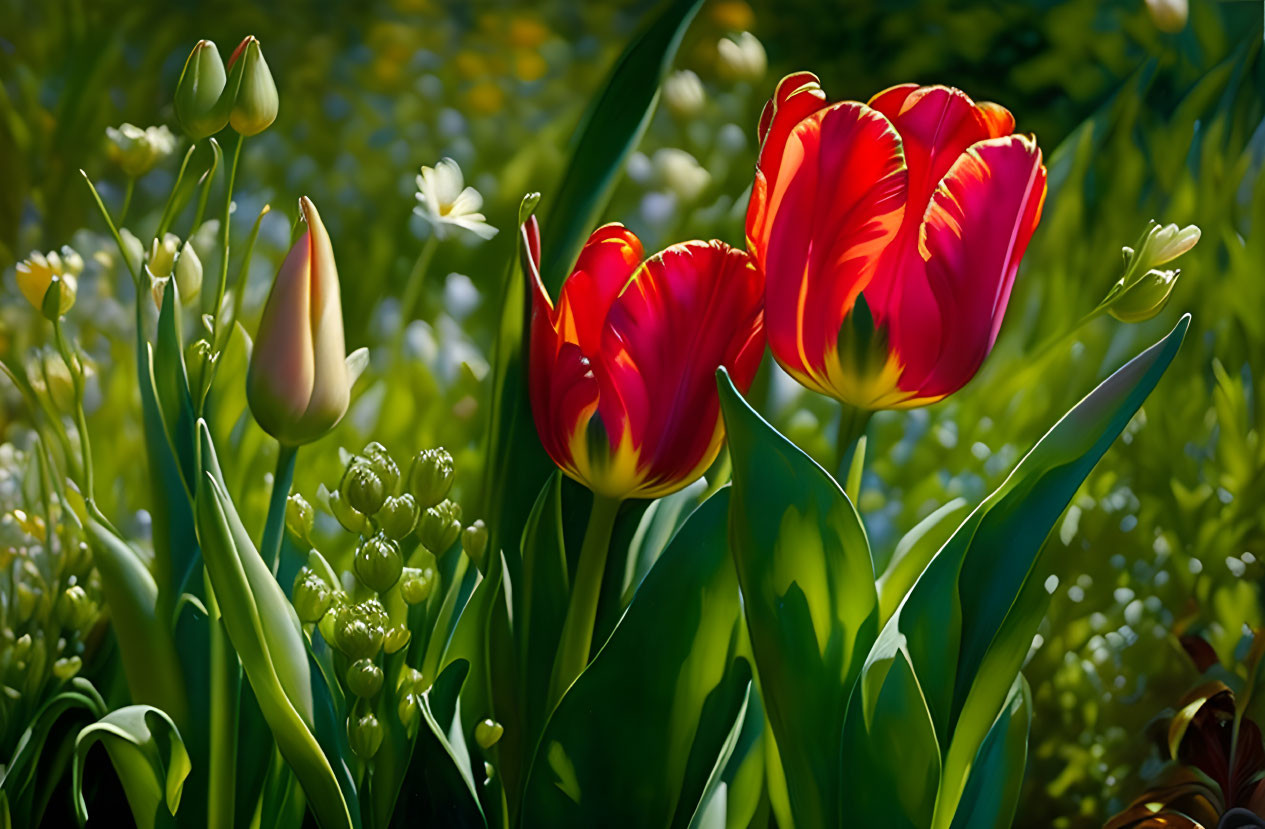 Lush Green Field with Vibrant Red Tulips and Yellow Hints