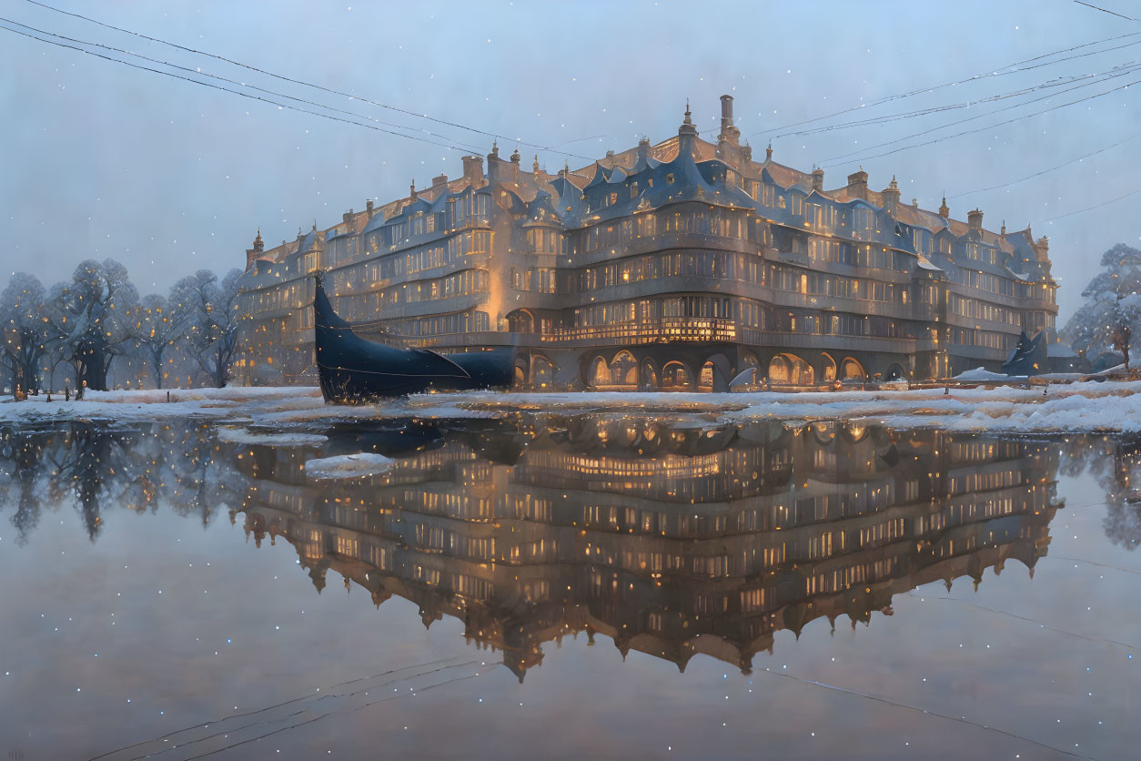 Snowy Evening Scene: Ornate Building, Lit Windows, Boat, Twilight Sky