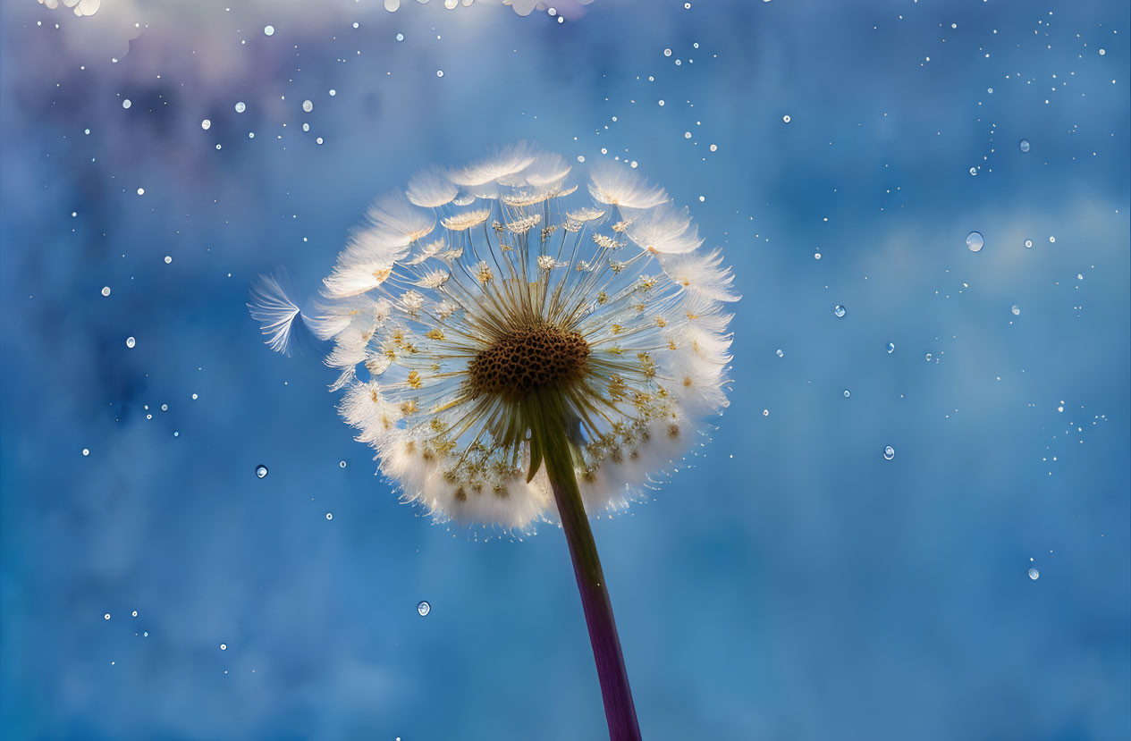 Delicate dandelion seed head against blue sky with water droplets in sunlight