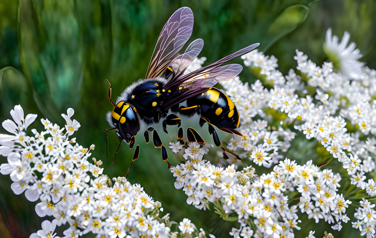 Macro shot of wasp on white flowers with blurred green backdrop