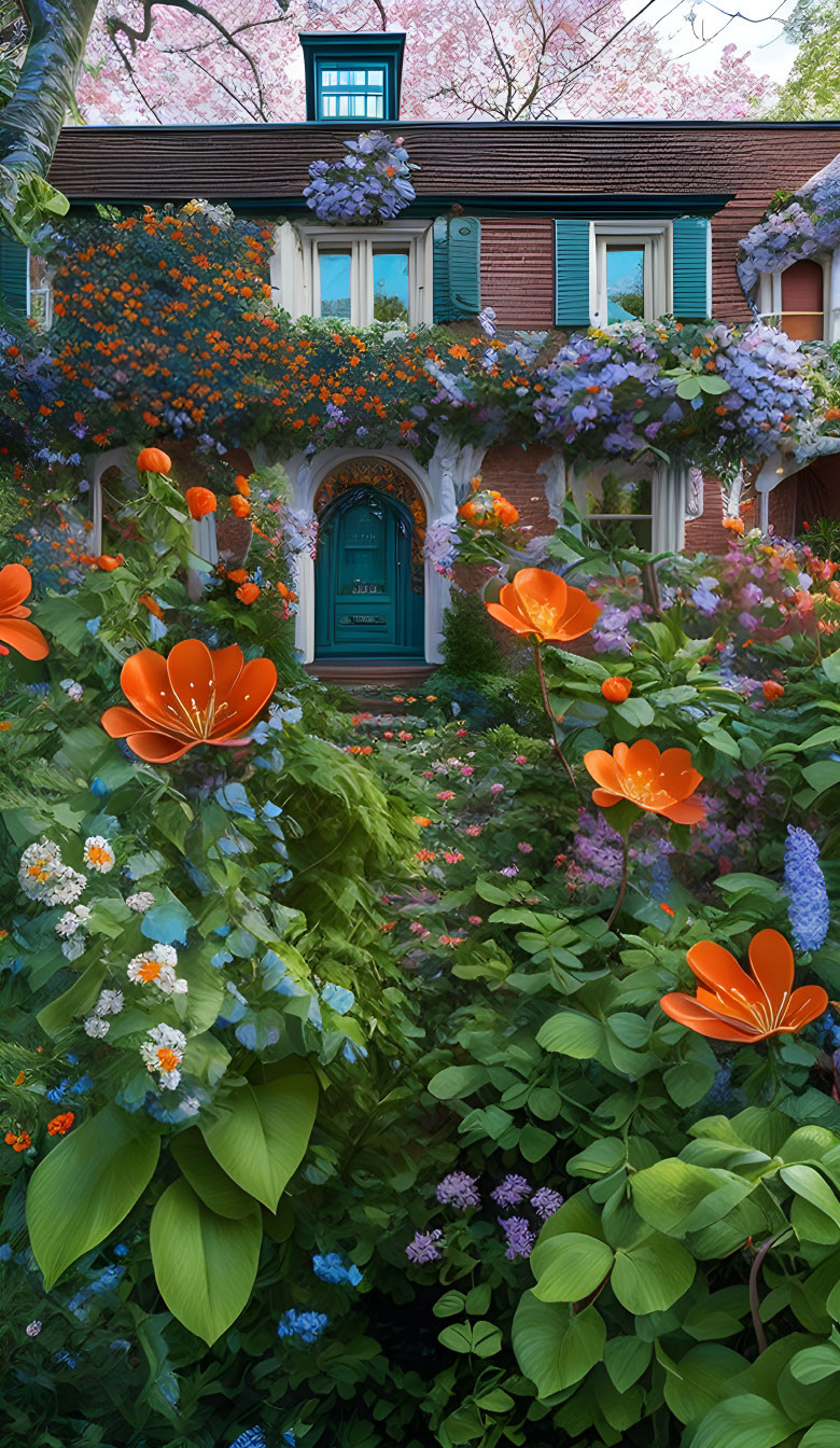 Vibrant garden with teal door and colorful flowers