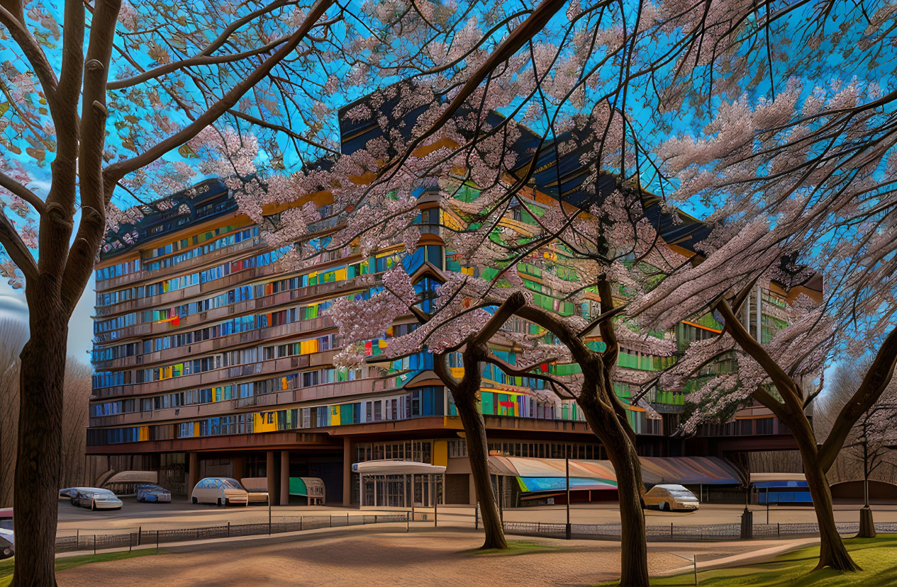 Colorful Building Surrounded by Cherry Blossoms and Parked Cars