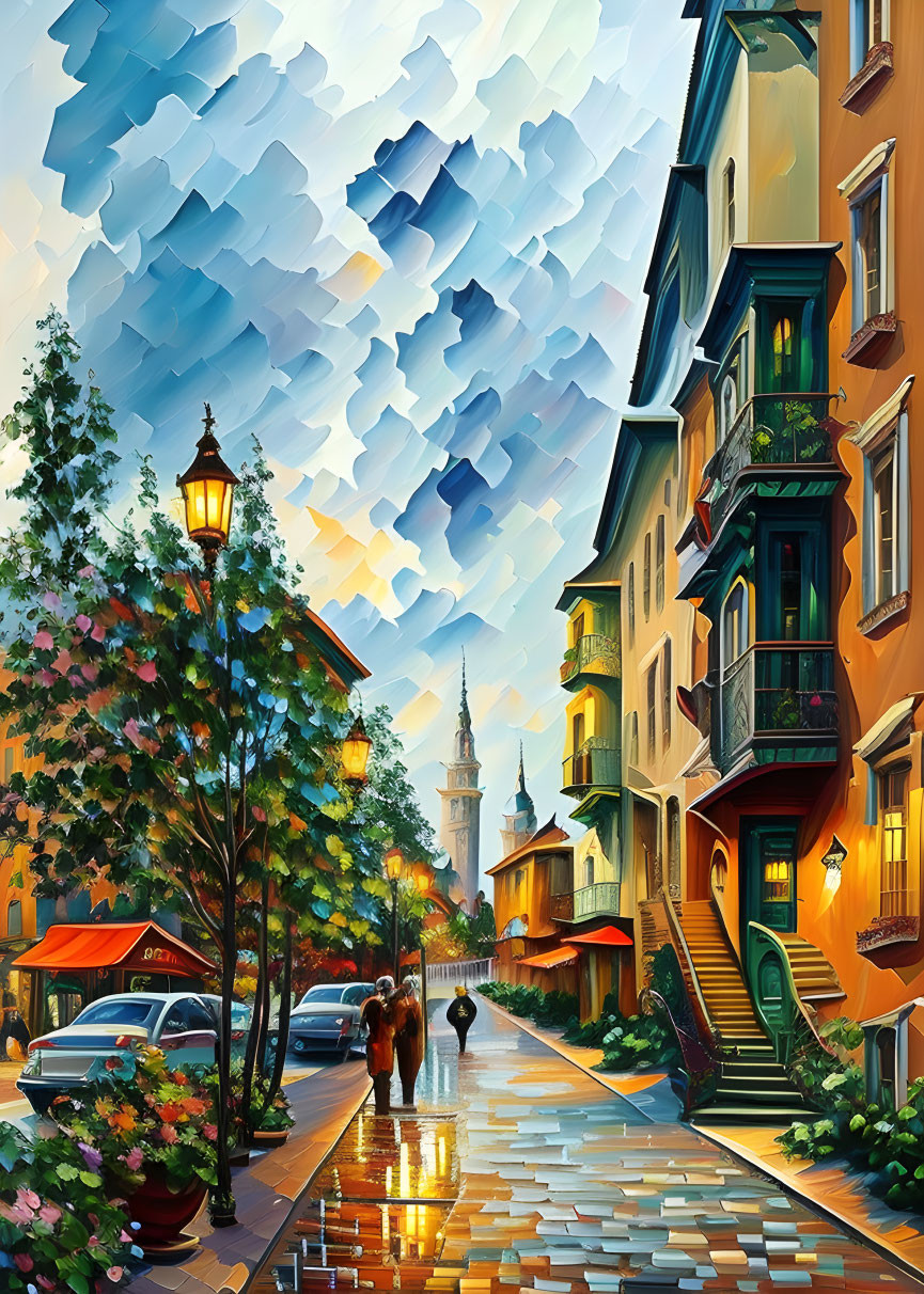 Colorful Painting: Vibrant Street Scene at Dusk with Pedestrians & Illuminated Lamps