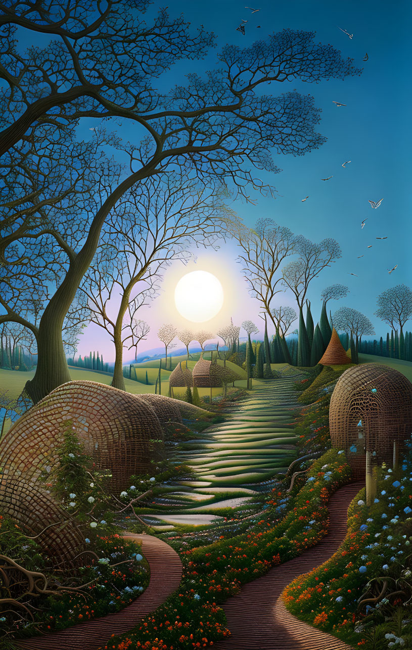 Whimsical dusk landscape with domed huts, oversized moon, winding path, trees, flowers