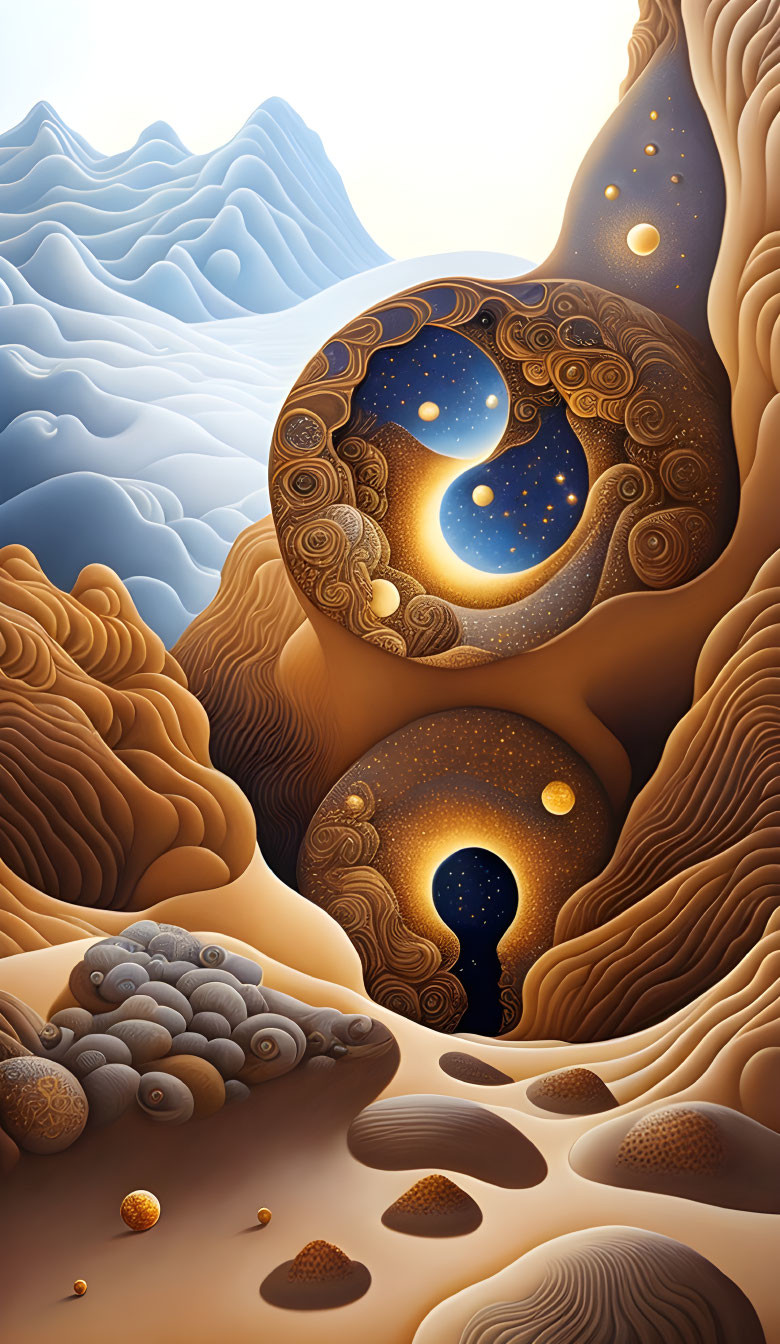 Surreal landscape with swirling patterns and yin-yang motifs