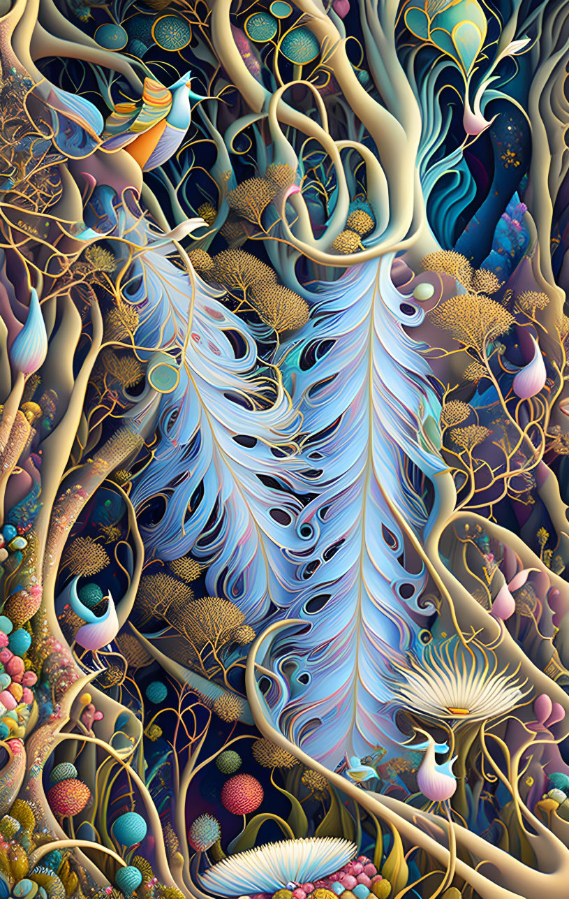 Surreal digital artwork: Stylized trees, swirling branches, eyes, fantastical plants