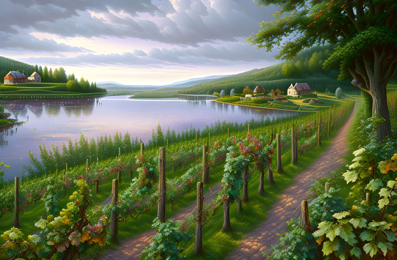 Tranquil countryside landscape with vineyard path, lake, traditional houses, and lush greenery at