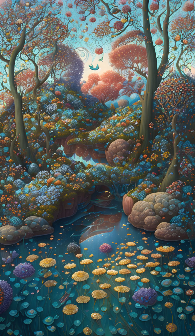 Vibrant oversized flora in a whimsical forest scene