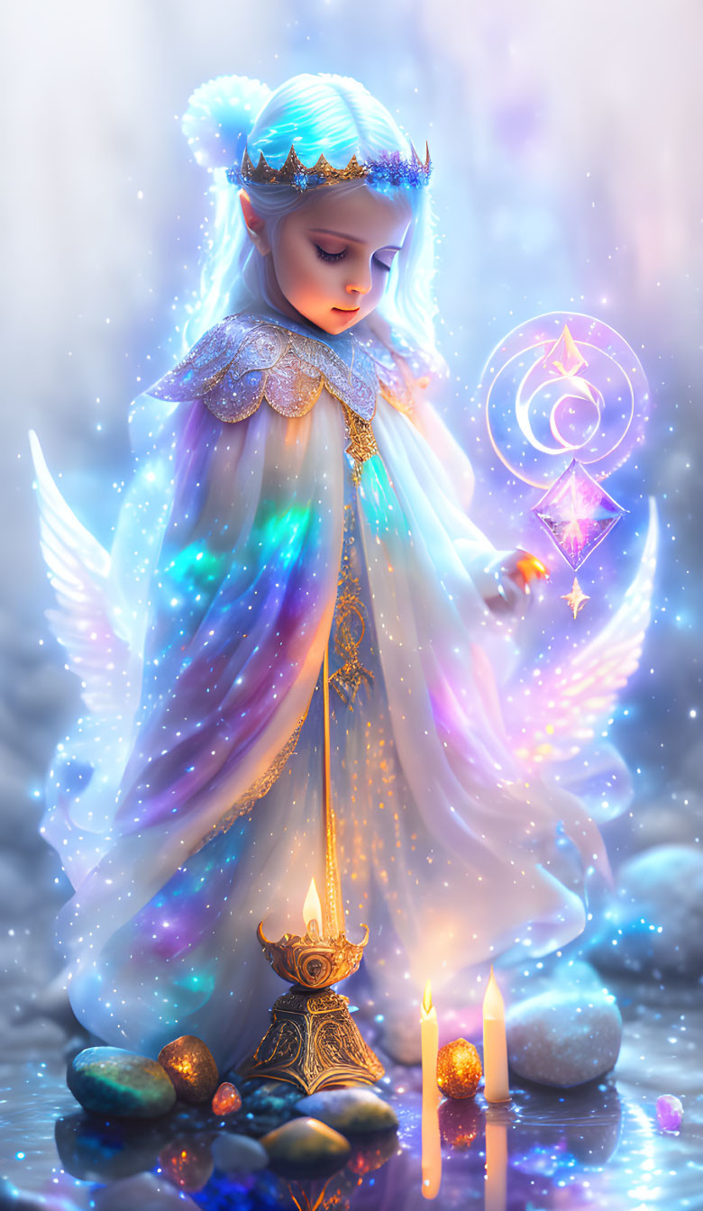 Illustration of angelic child with wings, wand, sword, candles, and mystical symbols