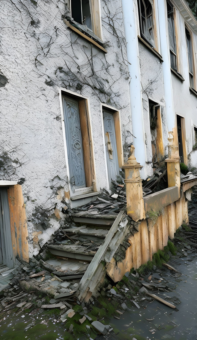 Abandoned building with ivy-covered walls & broken windows