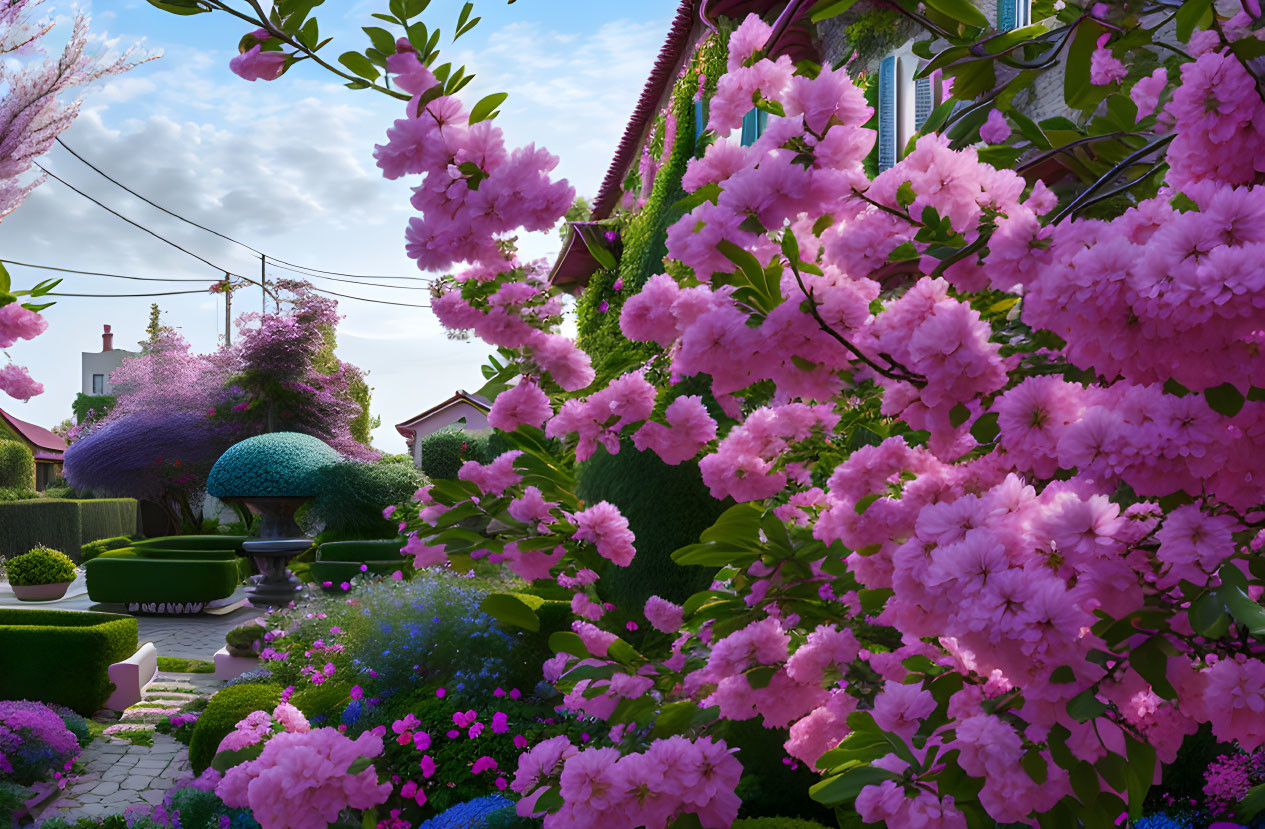 Lush garden with pink cherry blossoms and colorful flowers