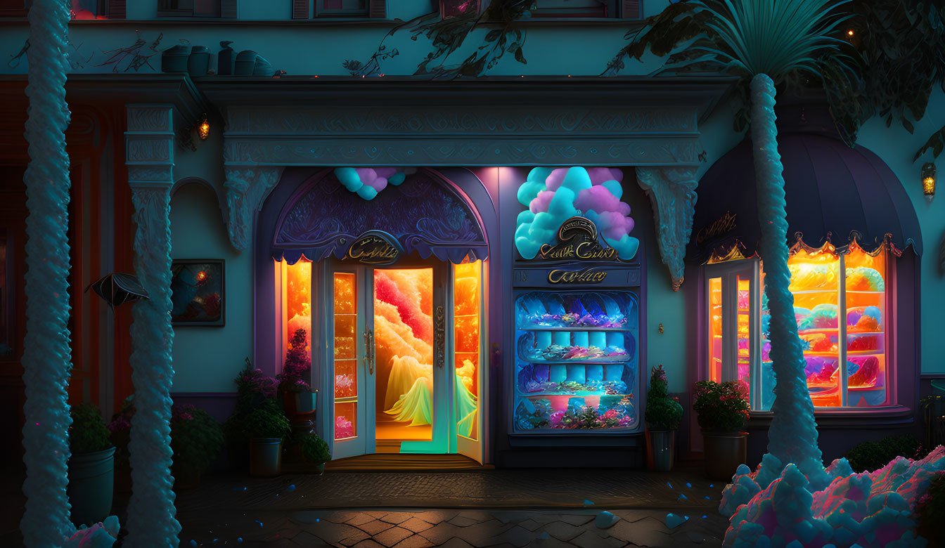 Enchanting candy shop at night with glowing windows and magical entrance