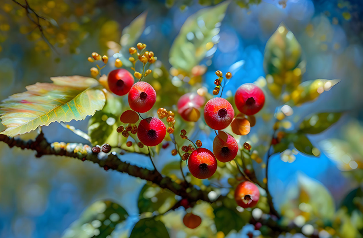 Bright Red Berries on Branch with Yellow Centers Against Soft-focus Background