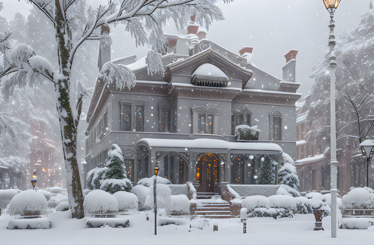 Victorian House in Snowy Setting with Snow-Covered Trees