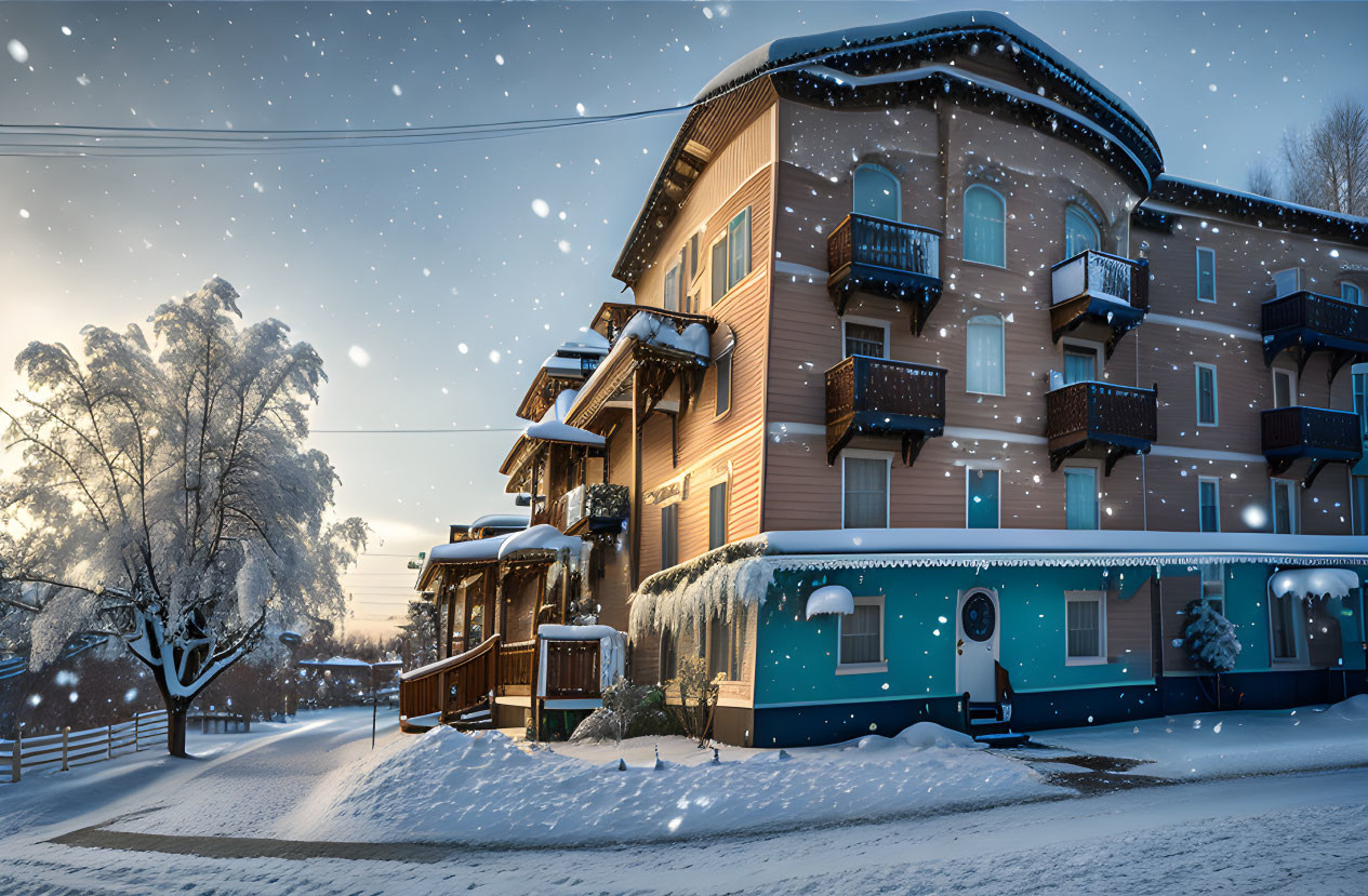 Snow-covered street at twilight with wooden building and snow-covered trees.