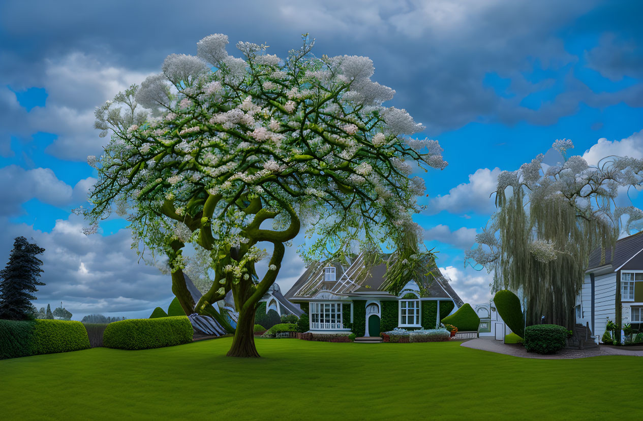 Twisted tree in bloom, white houses, dramatic cloudy sky landscape.