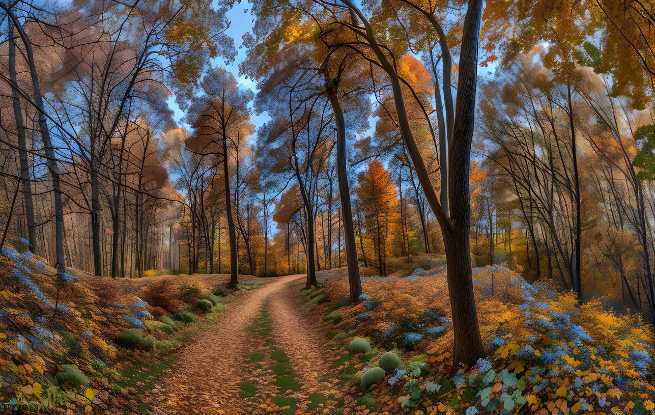 Vibrant autumn forest path under blue sky