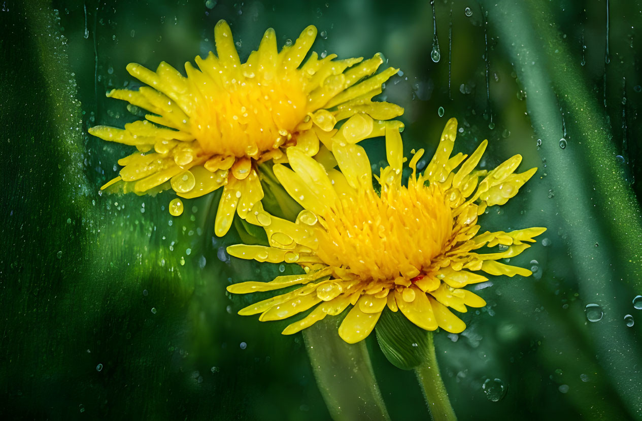 Vibrant yellow dandelions with dewdrops on green foliage.