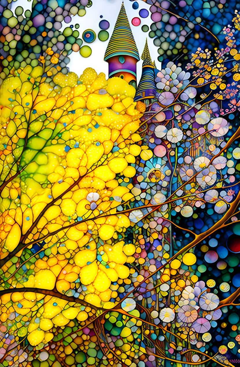 Colorful Abstract Image: Tree-like Patterns, Bubbles, Whimsical Castle