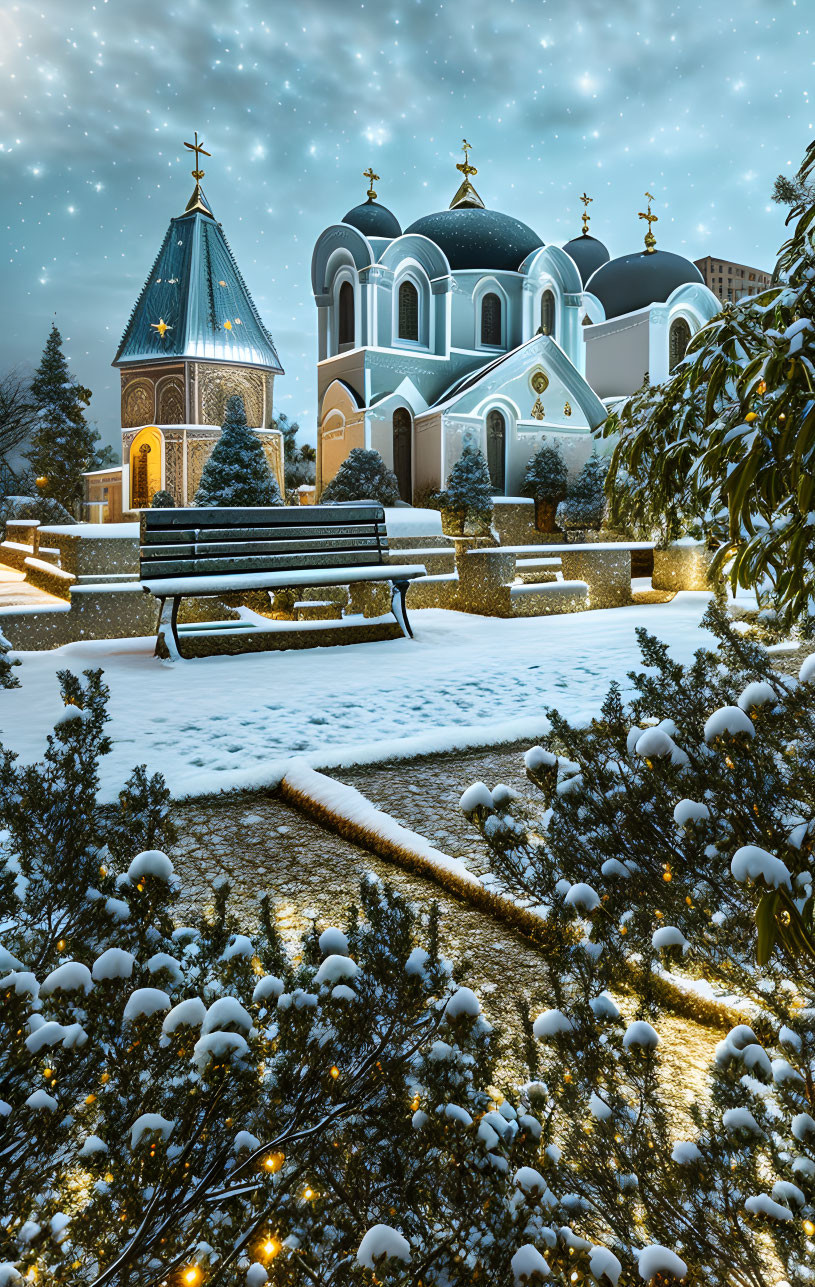 Orthodox church and bench in snow-covered twilight scene