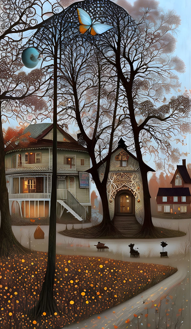 Twilight scene with whimsical trees, victorian house, glowing leaves, crescent moon, floating