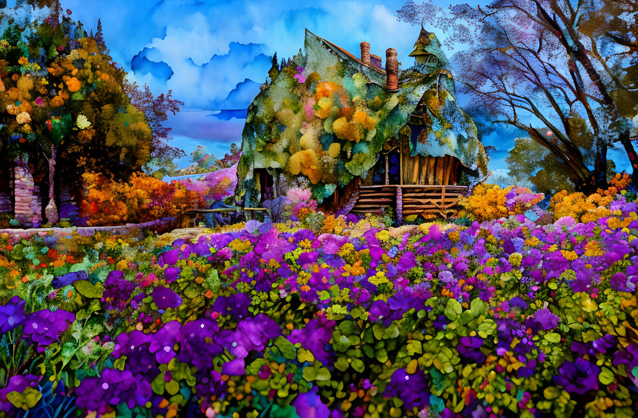 Colorful Flowers and Moss-Covered Cottage in Lush Landscape